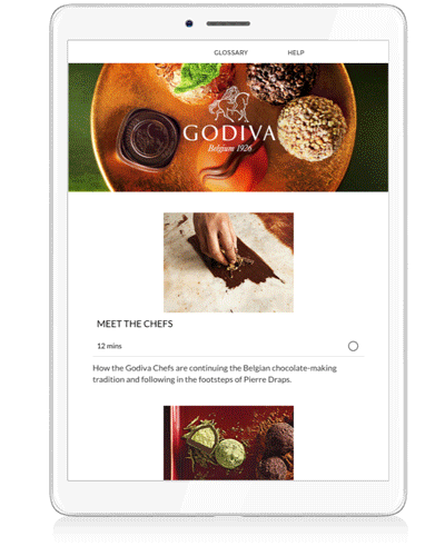 A GIF showing responsive design and continuous scroll from the 'Godiva Global Chocolate Mastery Program', which was created using the Gomo eLearning authoring tool