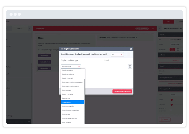 Screenshot example of display conditions in use in Gomo