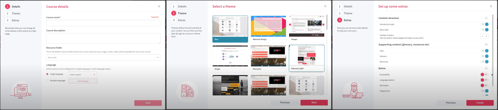 Gomo UI screenshot of course wizard steps 1 through 3
