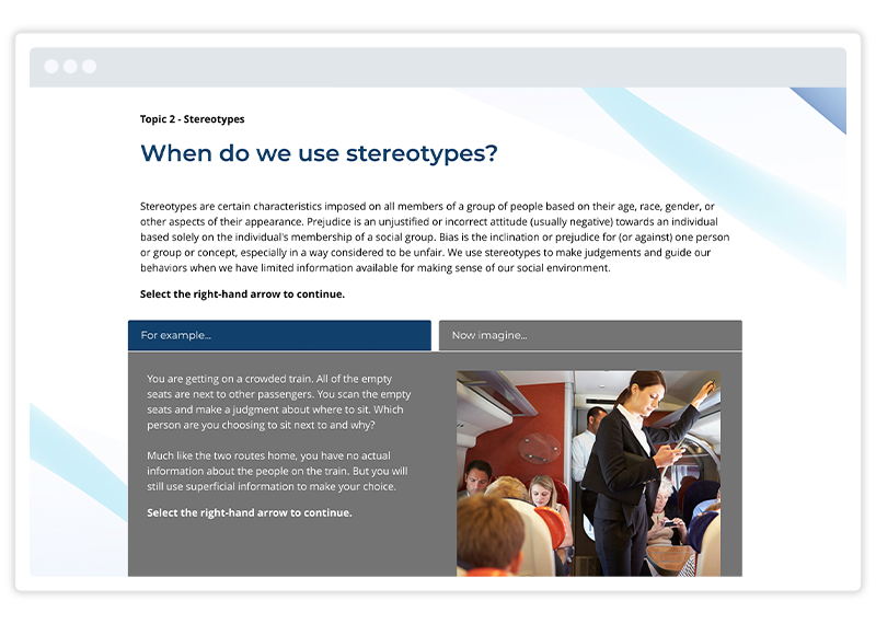  An eLearning screenshot of Diversity and Inclusion training by Affirmity, built using Gomo's eLearning authoring tool 