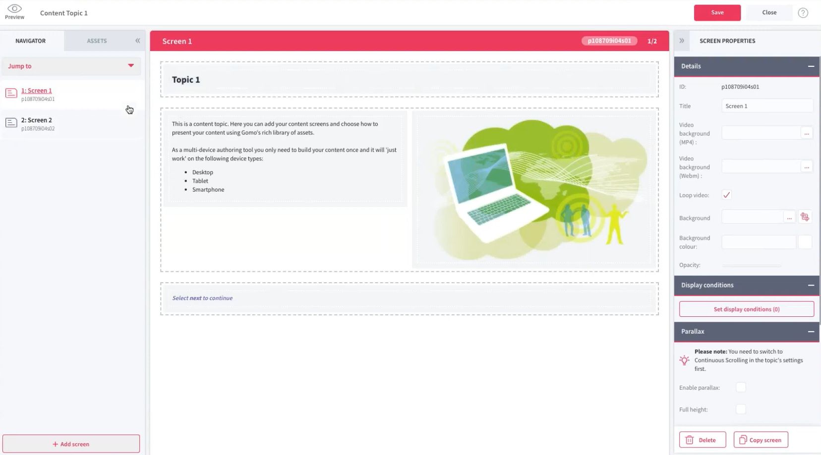 A photo of a screenshot of a colorful elearning course as part of a customizable authoring tool called Gomo