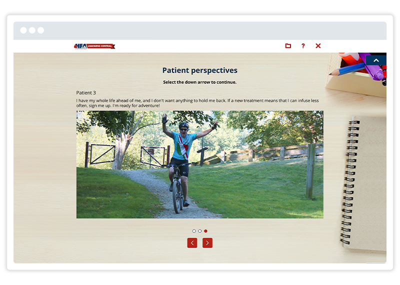  An eLearning screenshot by Hemophilia Federation of America, built using Gomo's eLearning authoring tool 