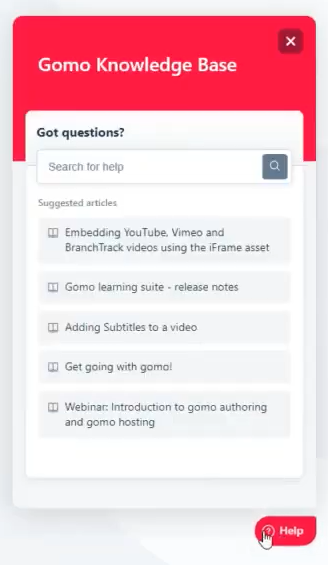 Gomo UI screenshot of Gomo knowledge base help widget