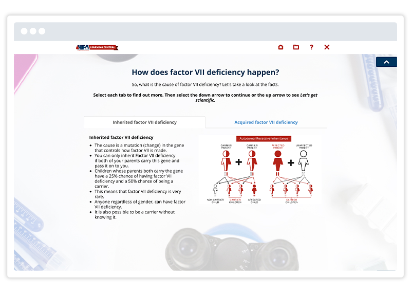  An eLearning screenshot by Hemophilia Federation of America, built using Gomo's eLearning authoring tool 