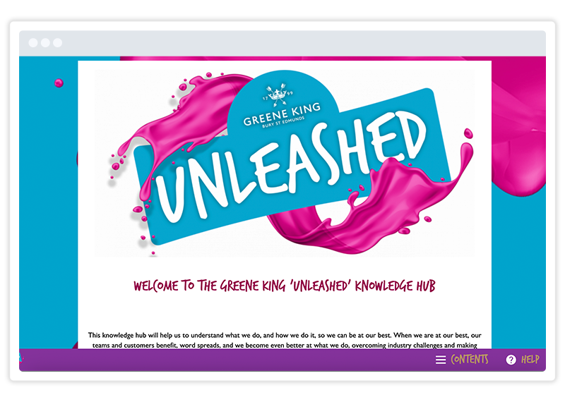a screenshot of a Greene King knowledge hub in a distinctive pink and blue style, reading 'unleashed'