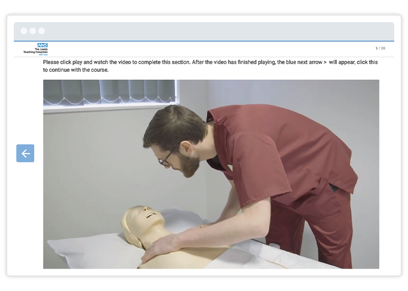 Example of video embed in Gomo eLearning course authored by Leeds Teaching Hospitals NHS Trust