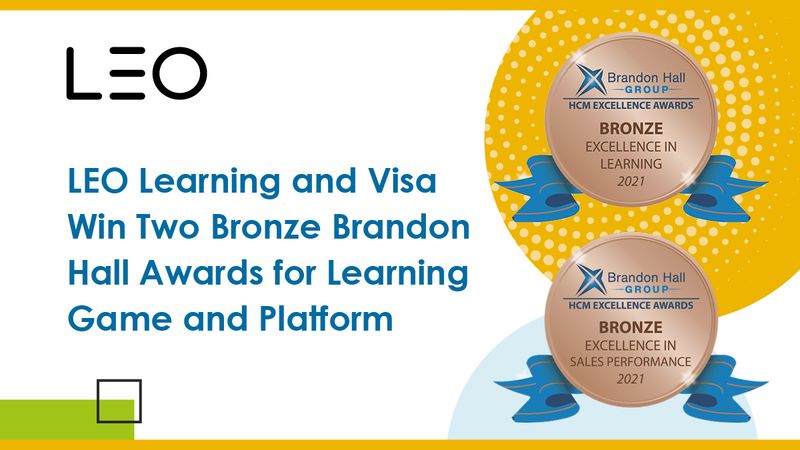 An image of the two Brandon Hall award logos that LEO has won for the learning game, gamified platform, and product-knowledge eLearning created for Visa