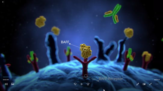 A still from the 3d rendered animation showing some scientifically labeled molecules