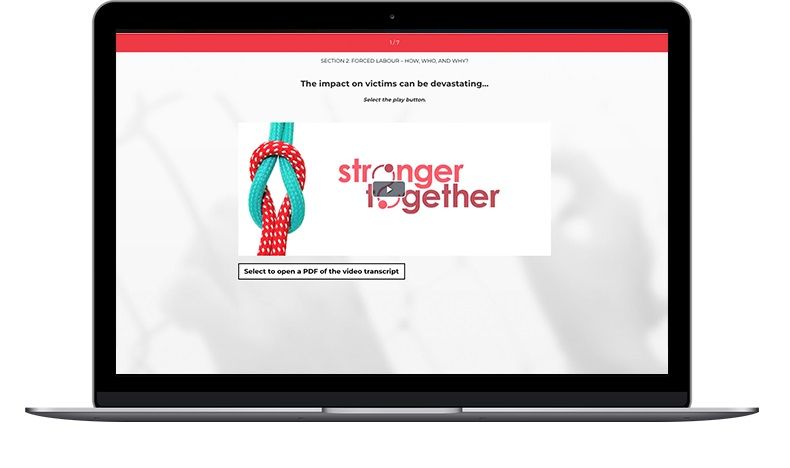 The welcome screen of a LEO Learning and Stronger Together eLearning course on tackling modern slavery 