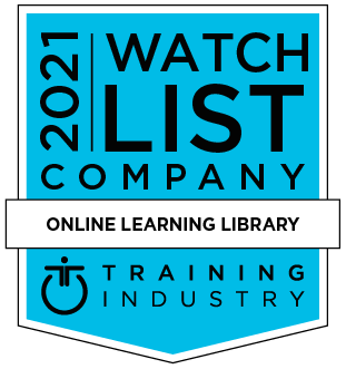 Blue badge logo with the following words on it: 2021 Watch List Company Online Learning Library. Training Industry