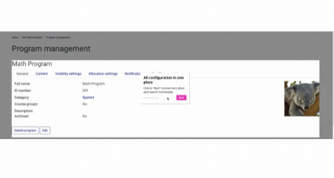 Aprovechando el despliegue de la característica “Programas”, nos complace introducir una nueva herramienta para ayudar a los administradores a descubrir y aprender a usar las nuevas funciones de Open LMS. Esta herramienta también apunta a facilitar el proceso de retroalimentación.