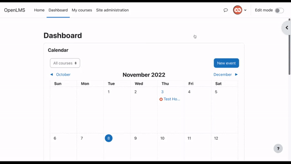 The collapsible sidebar in the dashboard includes private files, badges, and upcoming events