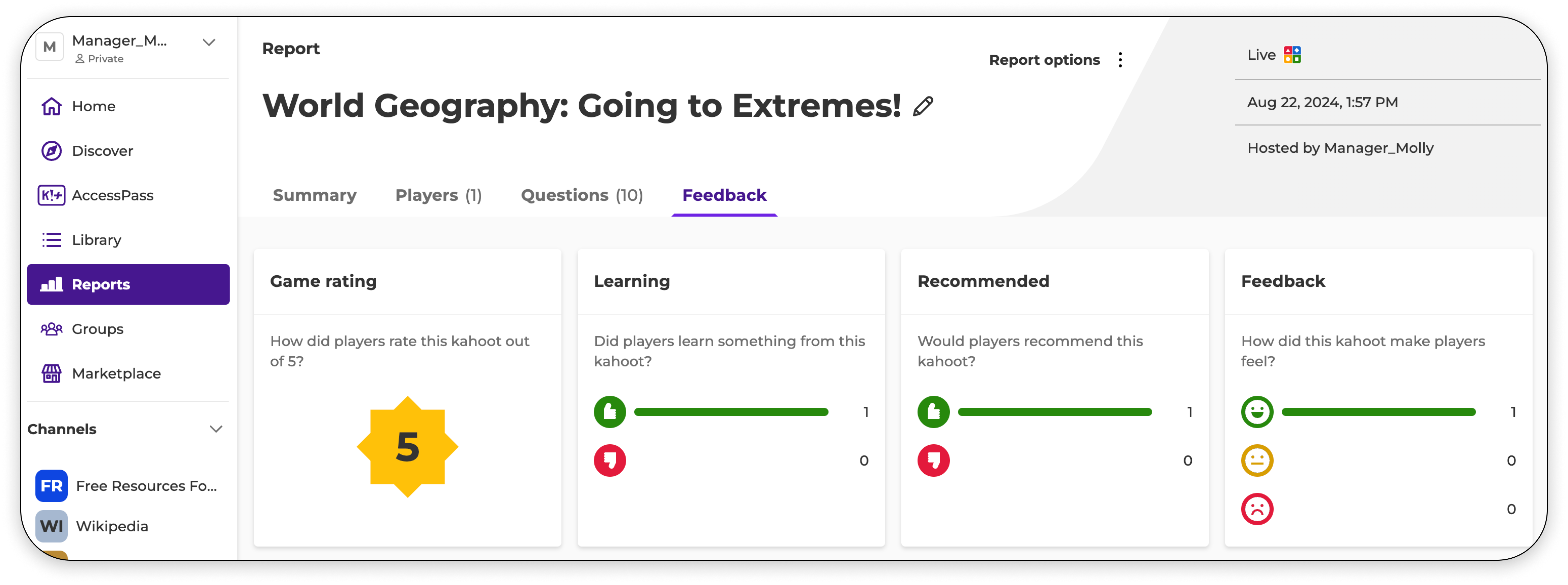 A screenshot of a report in the Kahoot! dashboard.