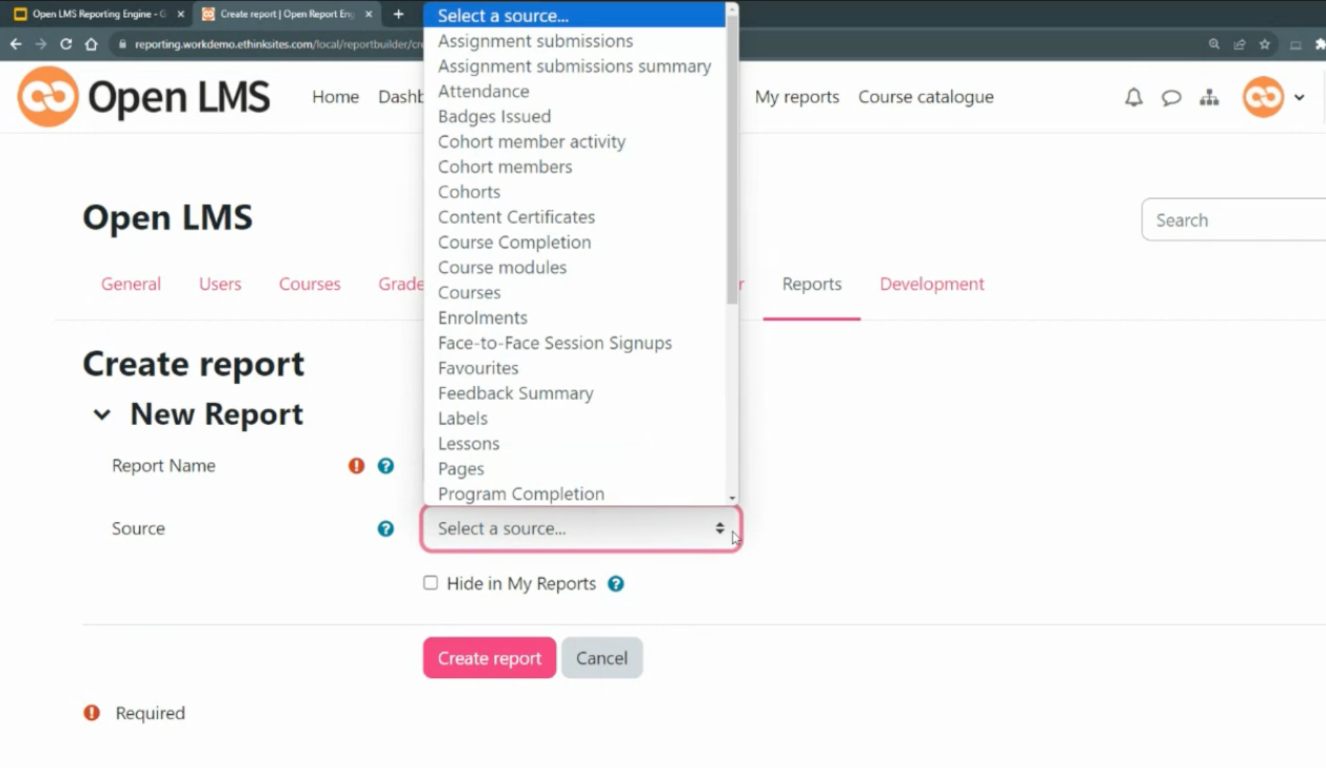 Captura de pantalla/gráfico de la pantalla "Crear un informe" con el desplegable "Seleccionar una fuente..." abierto para mostrar el conjunto de opciones