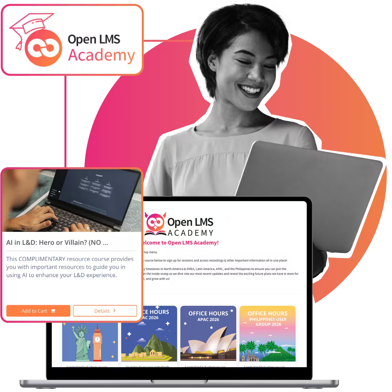 smiling woman using the Open LMS Academy