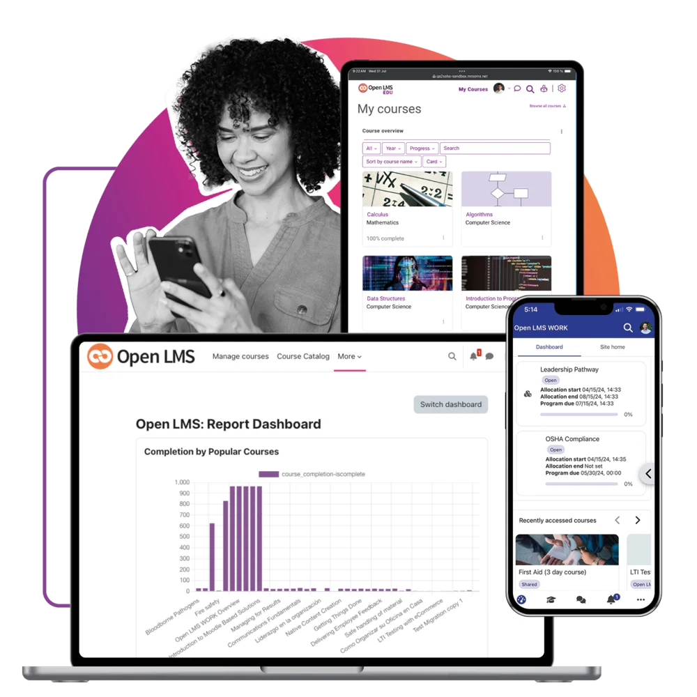 A graphic showing a Open LMS's UI in different formats on a desktop, tablet and mobile device
