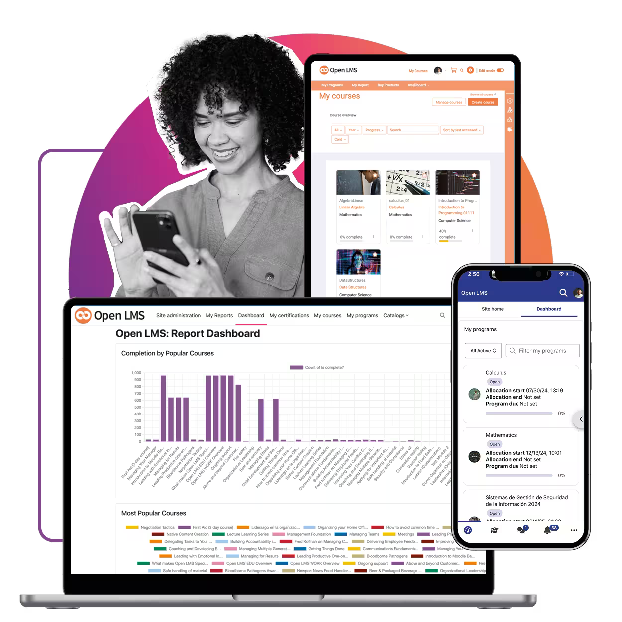A graphic showing a Open LMS's UI in different formats on a desktop, tablet and mobile device