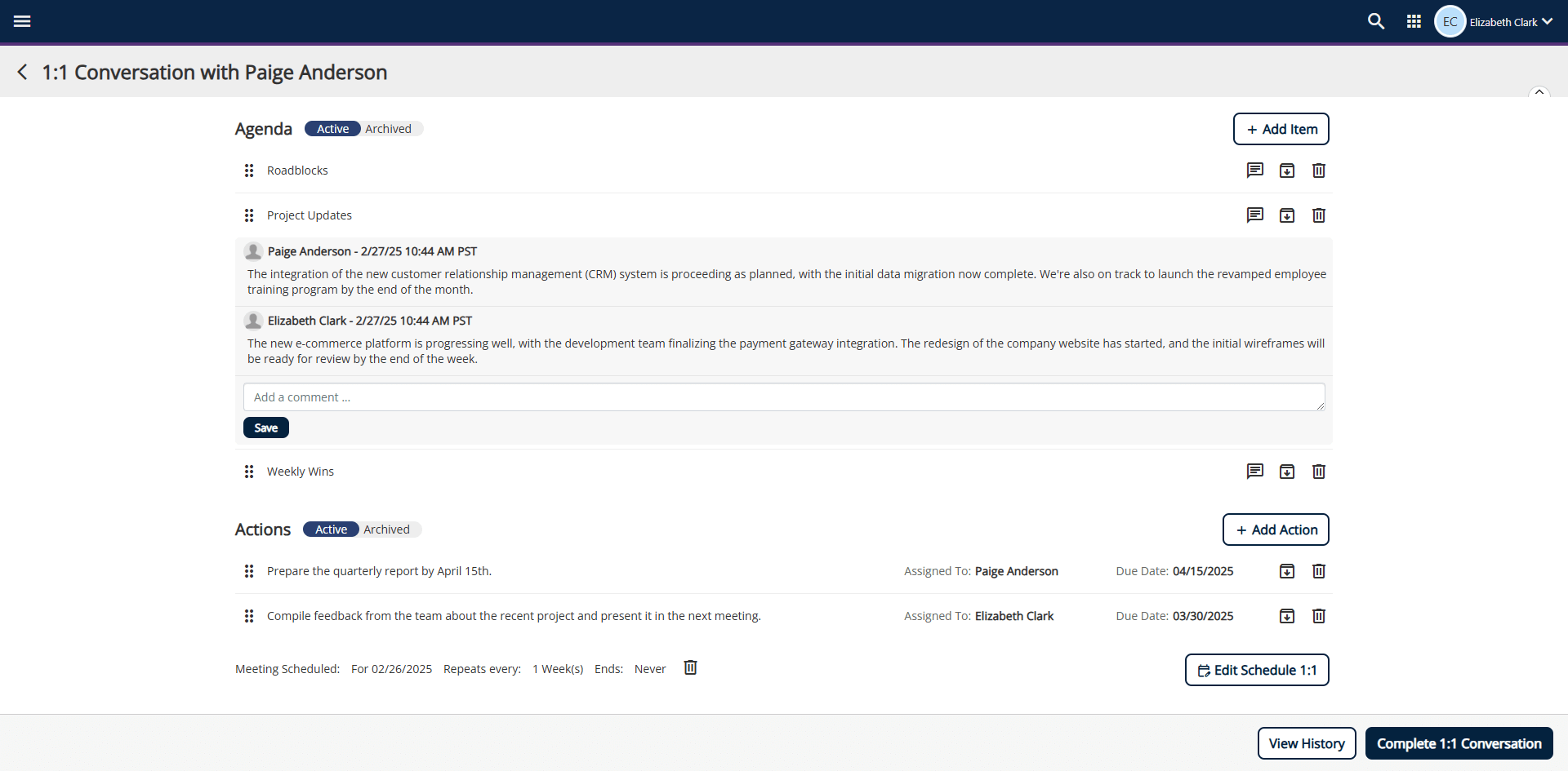 Screenshot of PeopleFluent Talent Management feature called 1:1 Conversations