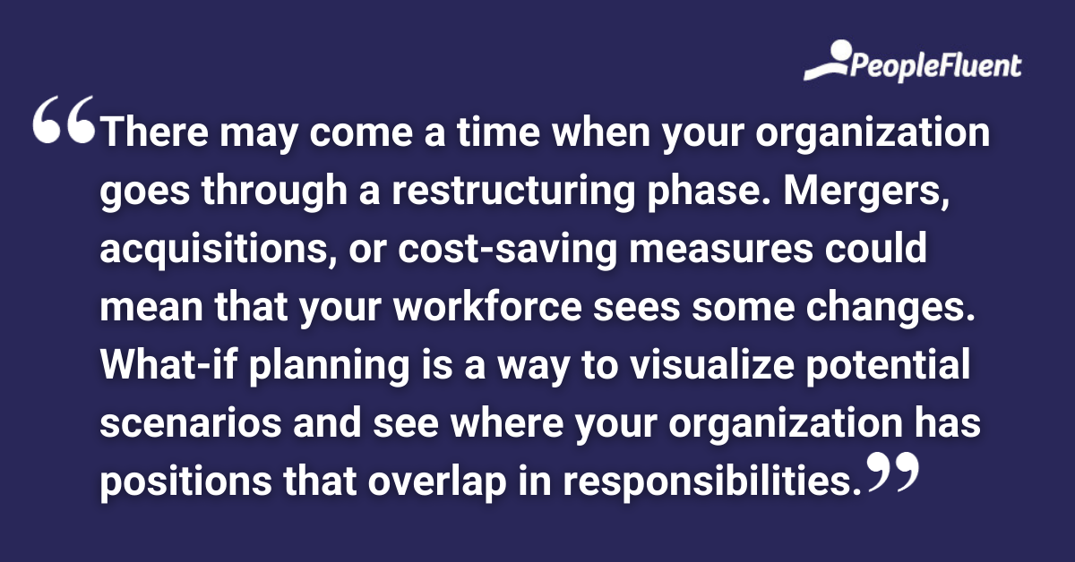 There may come a time when your organization goes through a restructuring phase. Mergers, acquisitions, or cost-saving measures could mean that your workforce sees some changes. What-if planning is a way to visualize potential scenarios and see where your organization has positions that overlap in responsibilities.