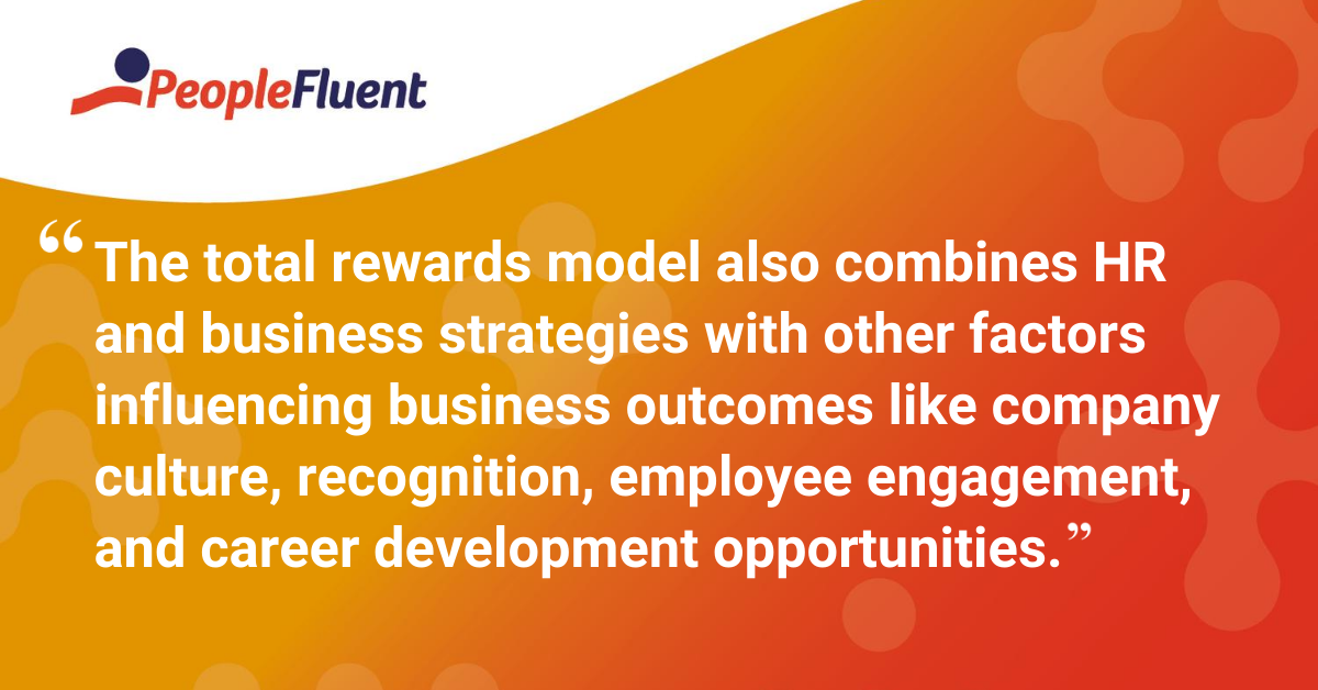 The total rewards model also combines HR and business strategies with other factors influencing business outcomes like company culture, recognition, employee engagement, and career development opportunities.