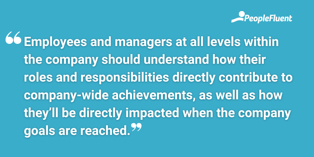 Employees and managers at all levels within the company should understand how their roles and responsibilities directly contribute to company-wide achievements, as well as how they’ll be directly impacted when the company goals are reached.