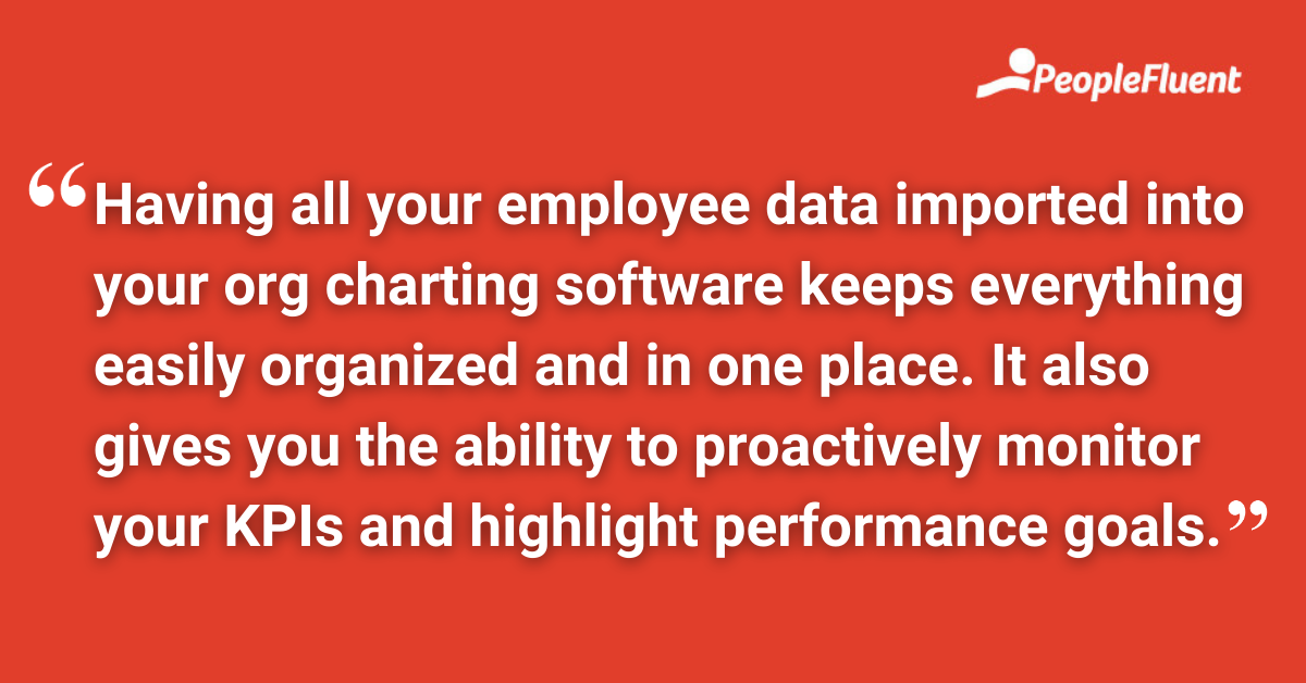Having all your employee data imported into your org charting software keeps everything easily organized and in one place. It also gives you the ability to proactively monitor your KPIs and highlight performance goals.