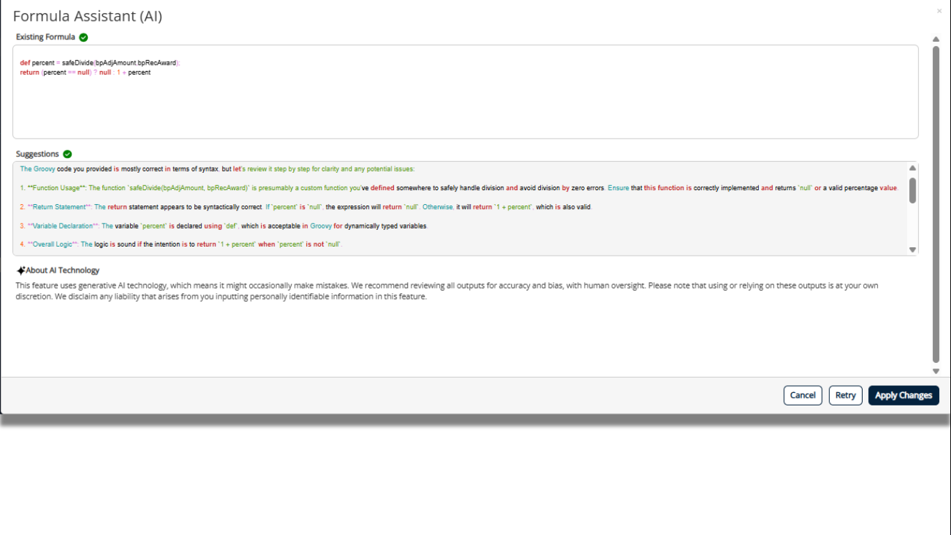 A screenshot of PeopleFluent's AI formula assistant for compensation management