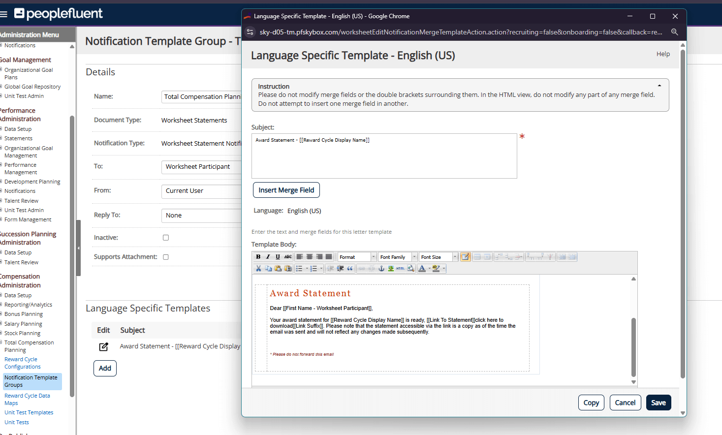 Screenshot of PeopleFluent Compensation's customization options for compensation statements