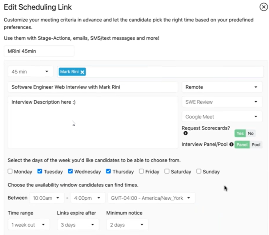 PeopleFluent Recruiting screenshot showing scheduling link capability that allows administrators to predetermine interviewers' availability, so candidates can self-schedule interviews.
