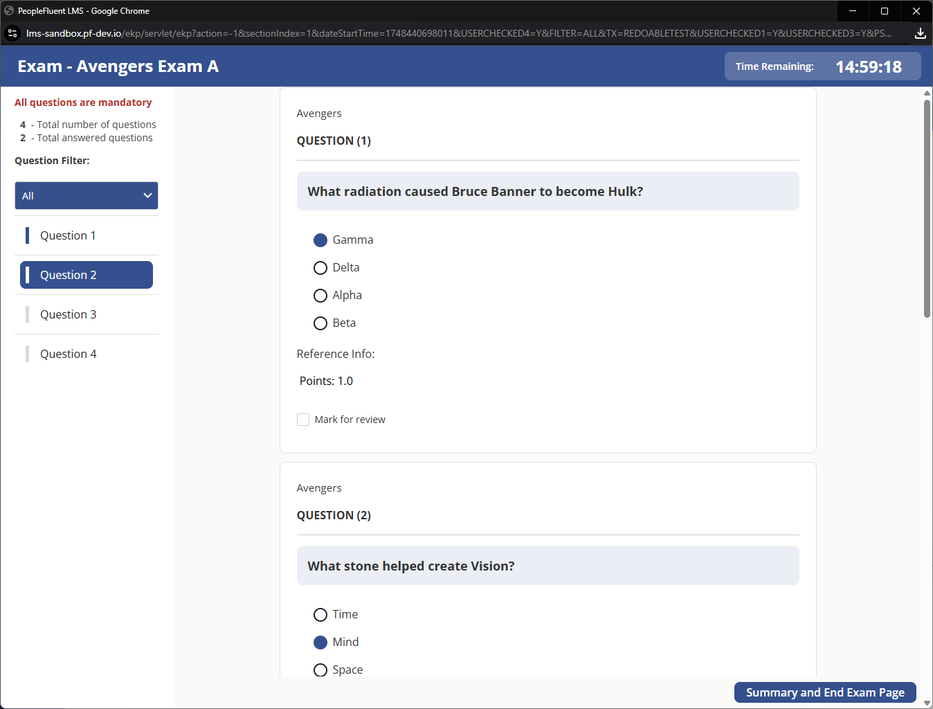 Example of a multiple choice assessment in the PeopleFluent Learning platform
