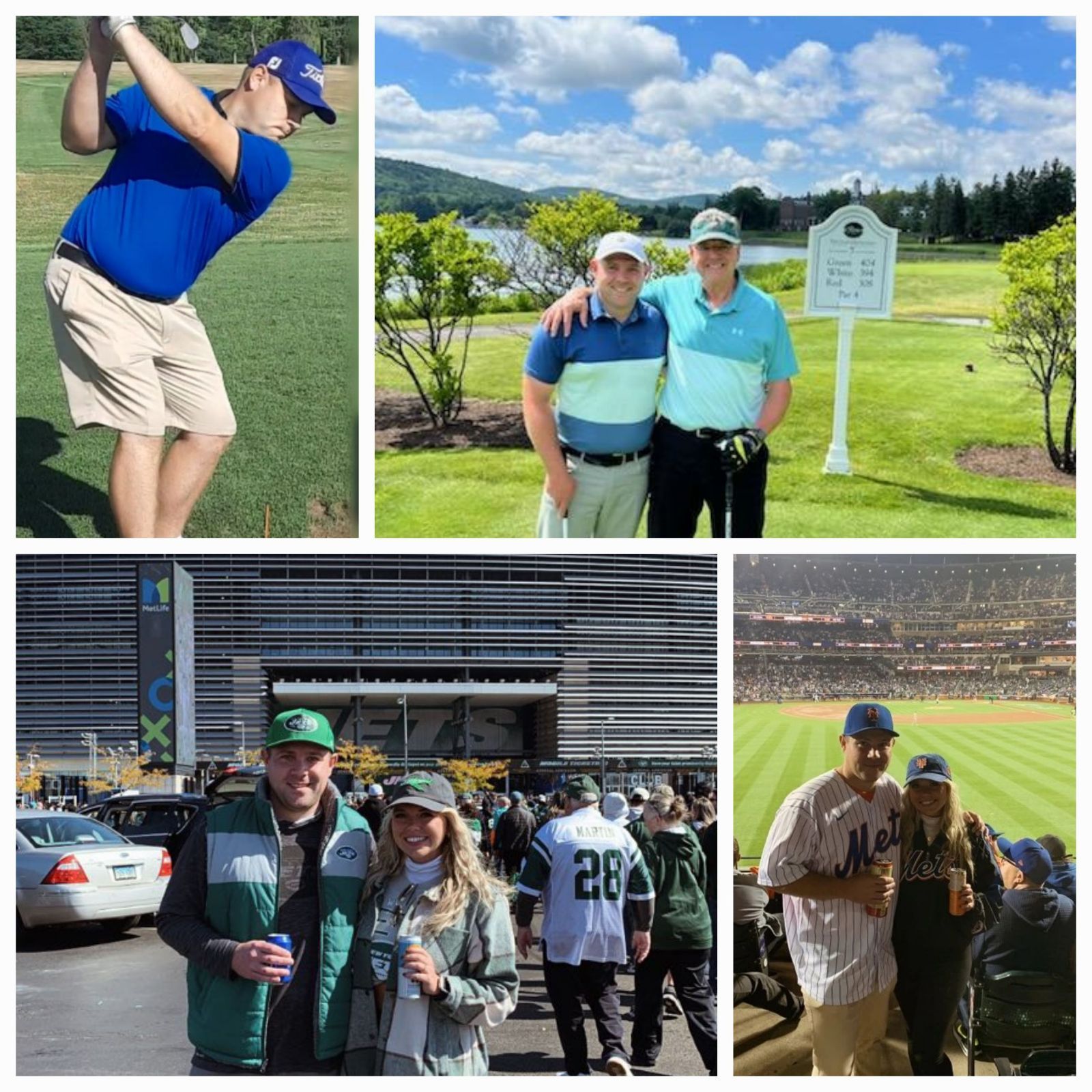 Top left: Rich Christman swings a golf club. Top right: Rich stands with his uncle at a golf course. Bottom left and bottom right: Rich stands with his girlfriend at various sporting events.