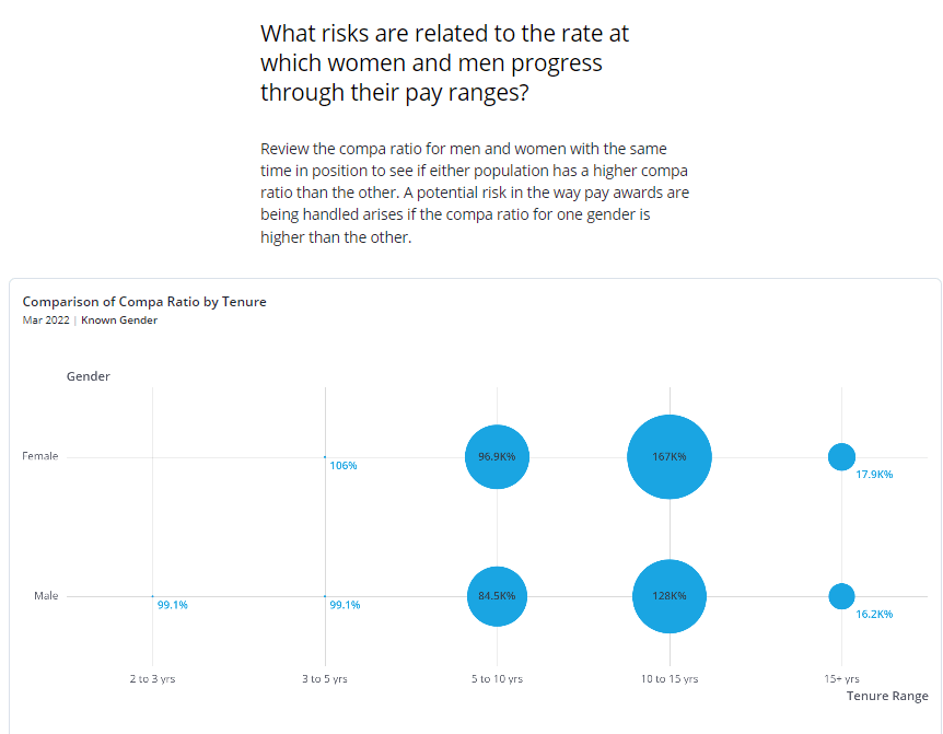 The top of the image asks the following question: "What risks are related to the rate at which women and men progress through their pay ranges?" Below is a comparison of compa-ratio by tenure.