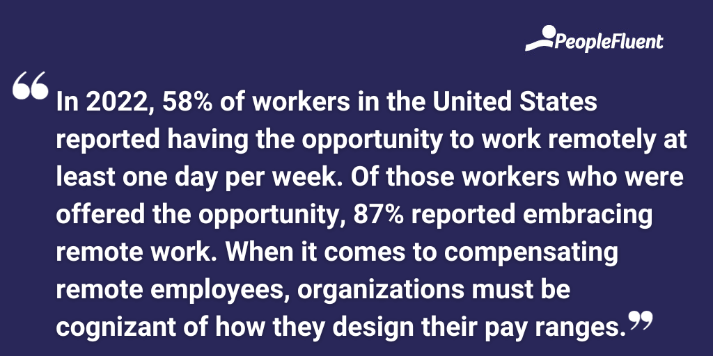In 2022, 58% of workers in the United States reported having the opportunity to work remotely at least one day per week. Of those workers who were offered the opportunity, 87% reported embracing remote work. When it comes to compensating remote employees, organizations must be cognizant of how they design their pay ranges.