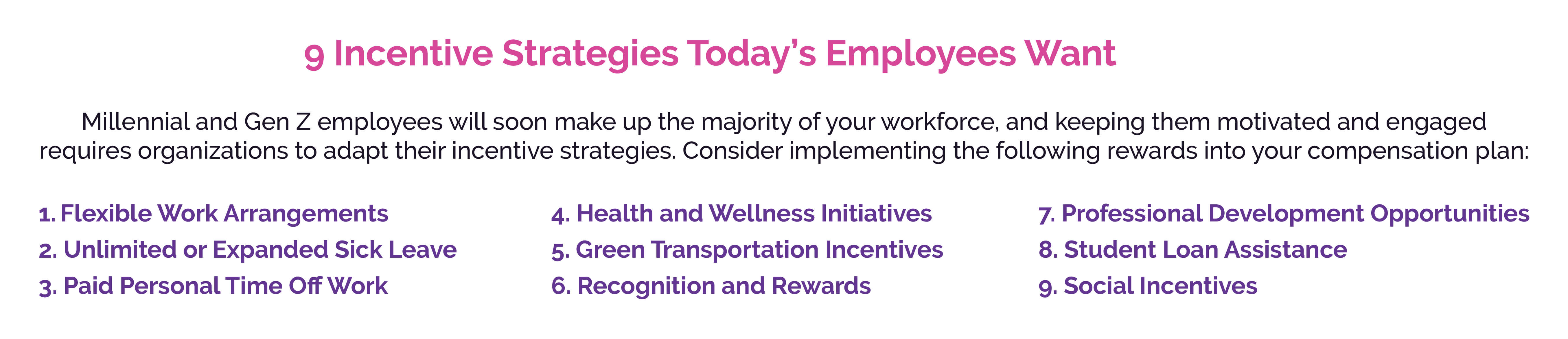 9 Incentive Strategies Today’s Employees Want Millennial and Gen Z employees will soon make up the majority of your workforce, and keeping them motivated and engaged requires organizations to adapt their incentive strategies. Consider implementing the following rewards into your compensation plan: