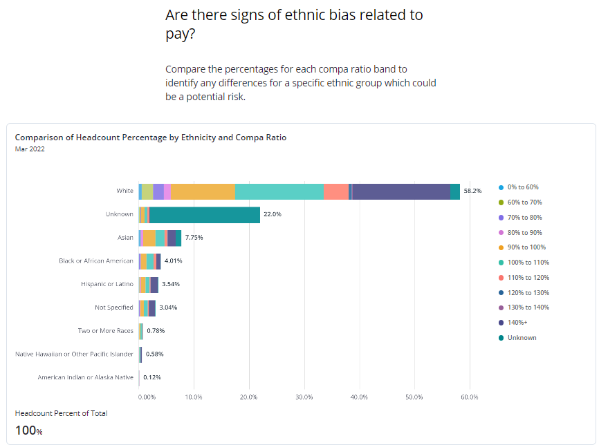 Horizontal bar graph depicting a comparison of headcount percentage by ethnicity and compa-ratio.