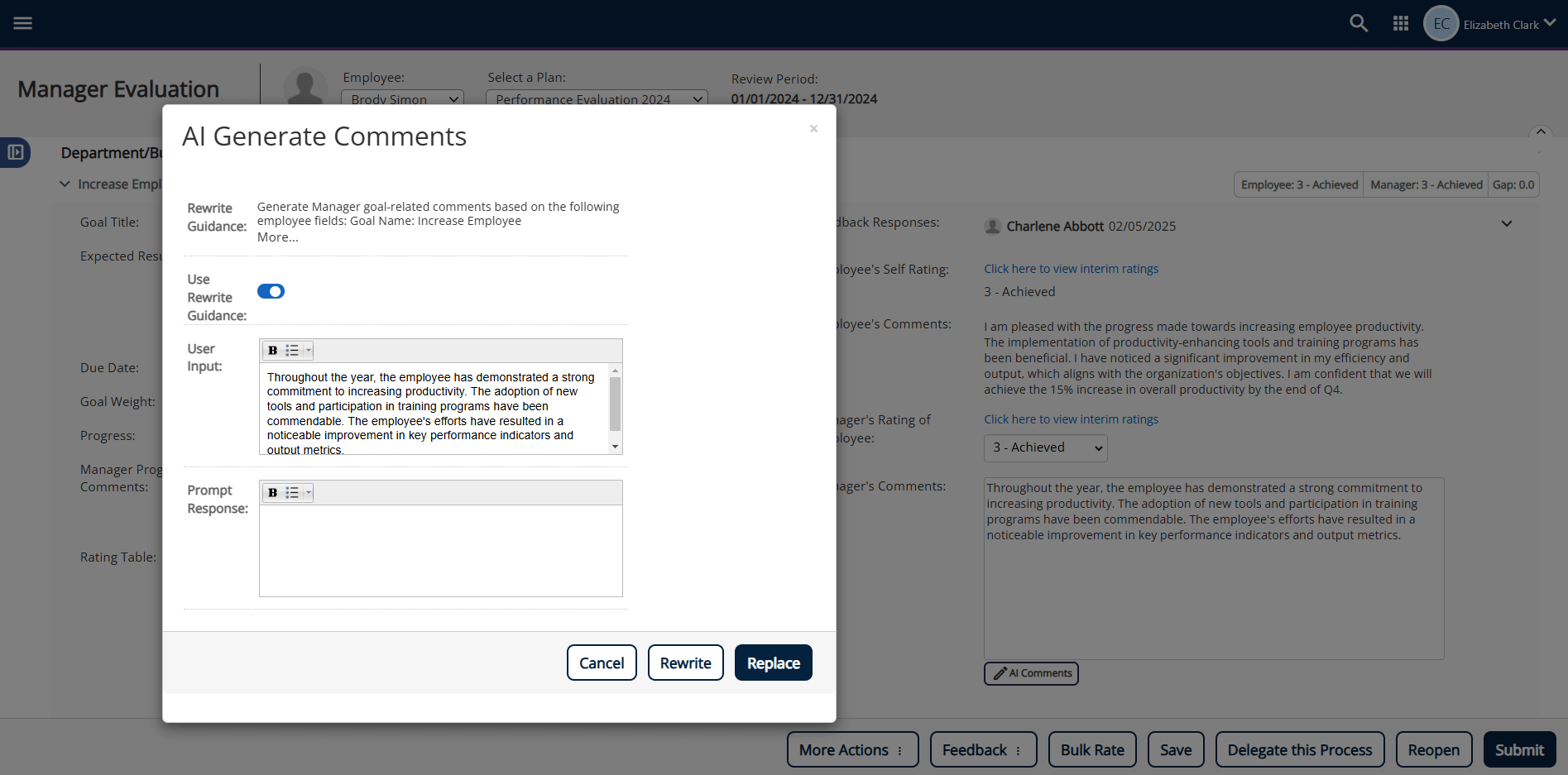 Screenshot of PeopleFluent software's AI-generated comments feature