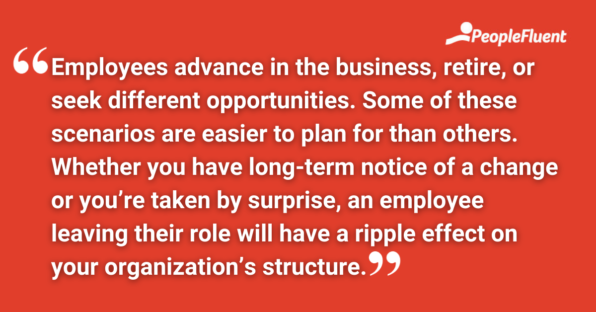 Employees advance in the business, retire, or seek different opportunities. Some of these scenarios are easier to plan for than others. Whether you have long-term notice of a change or you’re taken by surprise, an employee leaving their role will have a ripple effect on your organization’s structure.