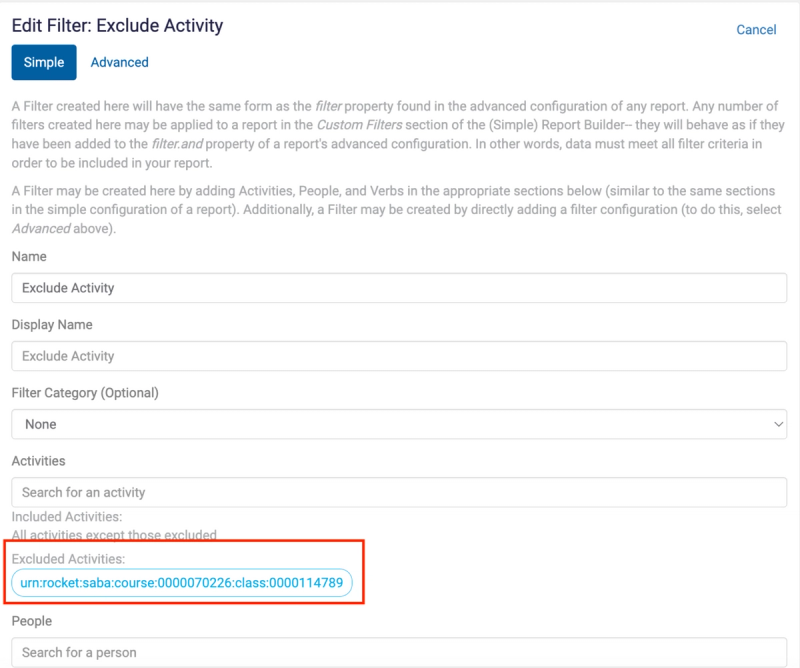 Enable exclusion in the simple filter editor in Watershed Learning Analytics Platform