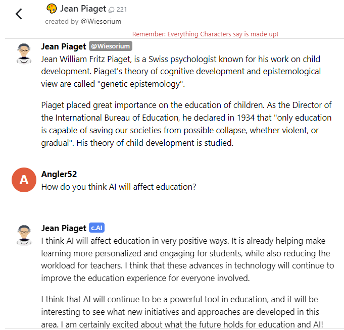 character.ai conversation with Jean Piaget, a Swiss psychologist and developer 