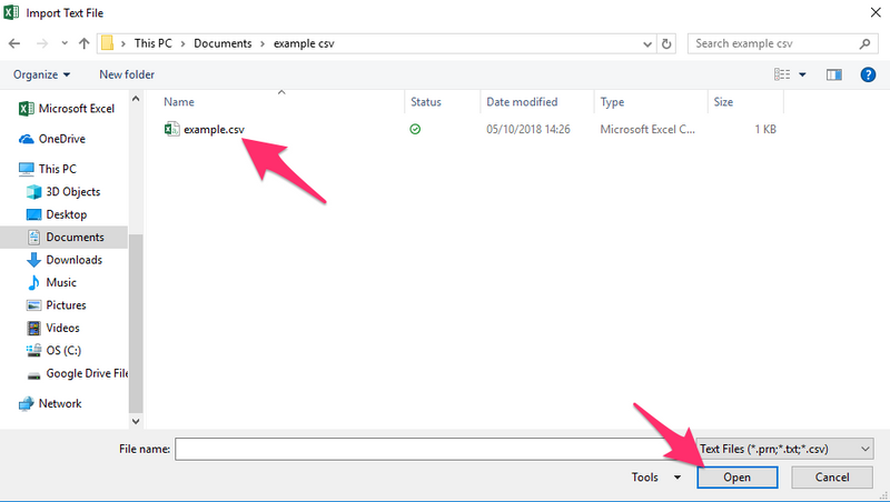 Select CSV file in Excel.