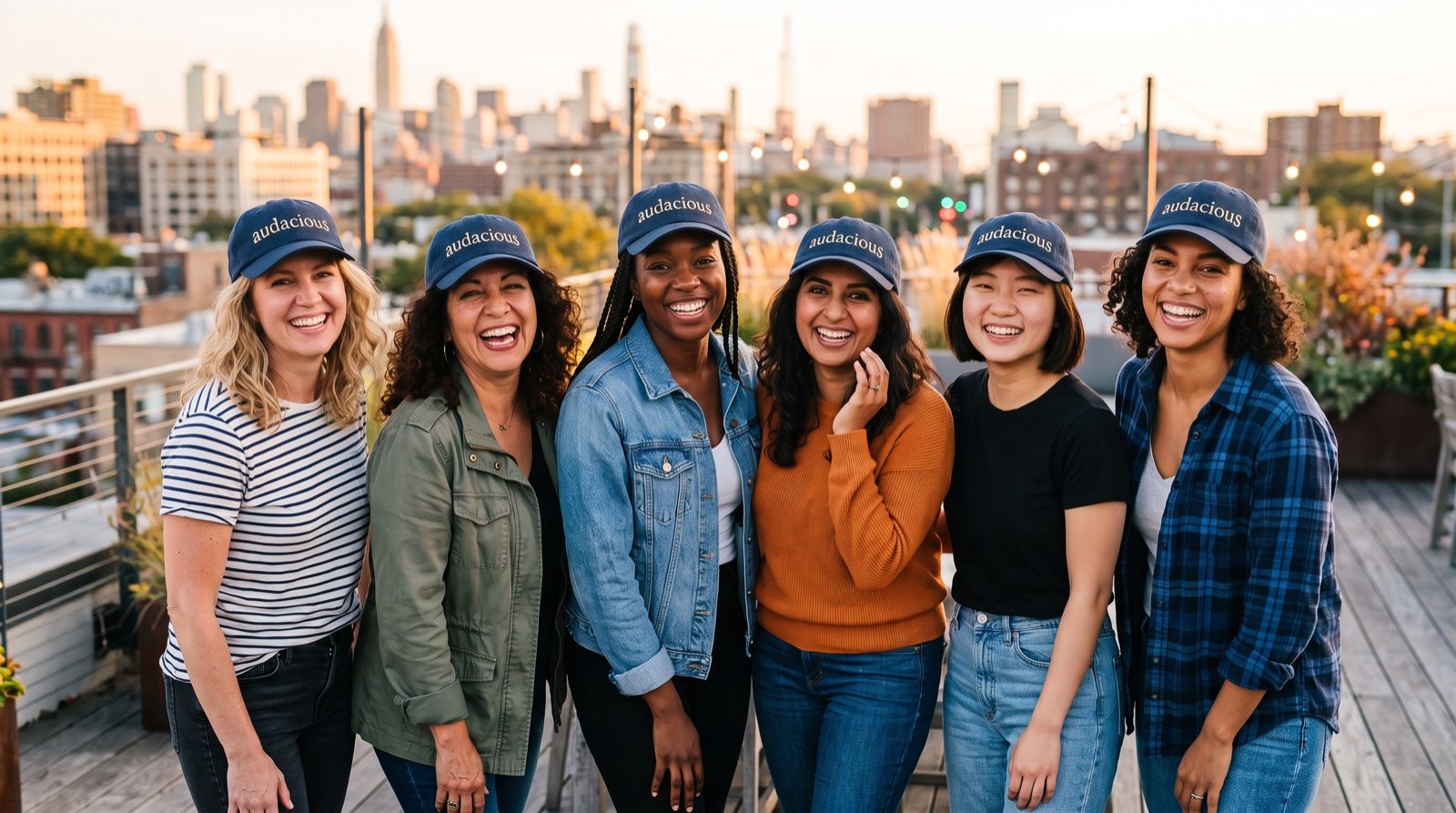 AI-generated depiction of six women on a NYC rooftop wearing navy audacious hats