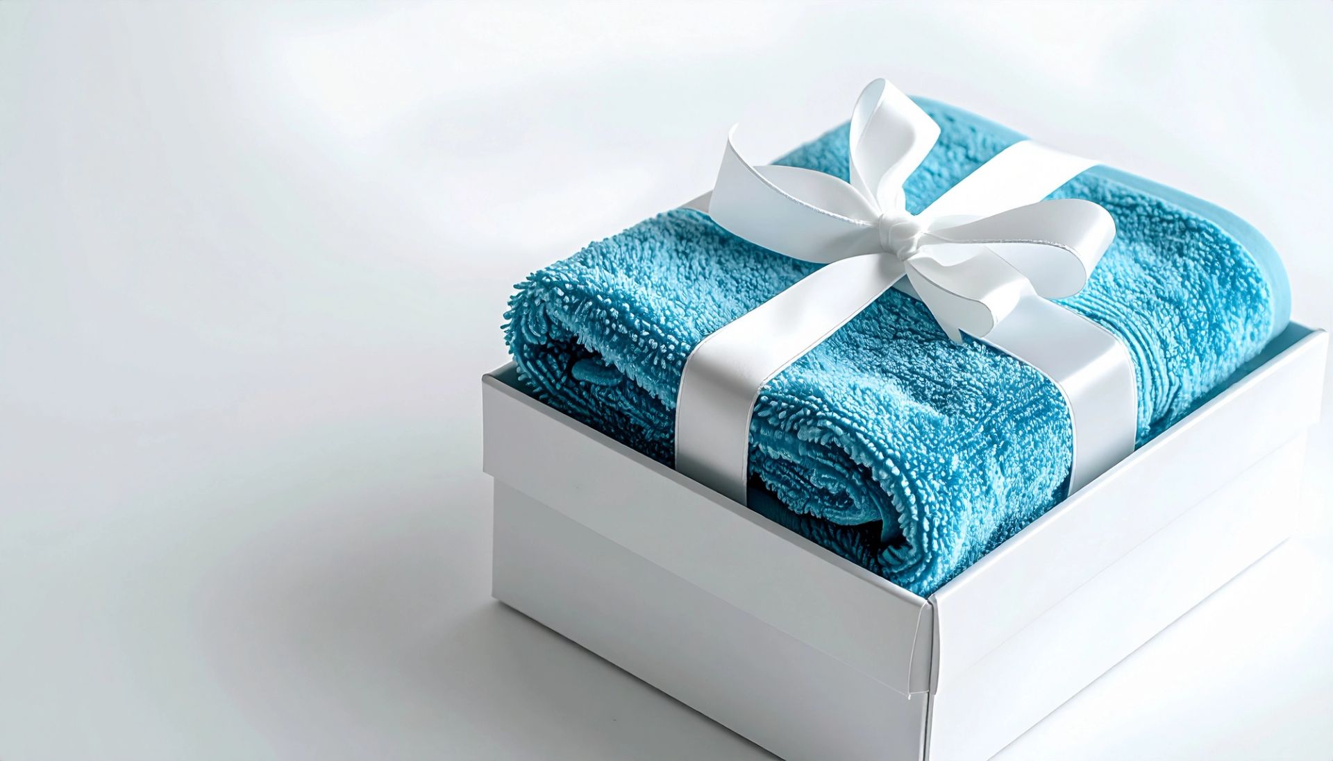 白いリボンでラッピングされた、ホワイトデーの青いタオルギフト