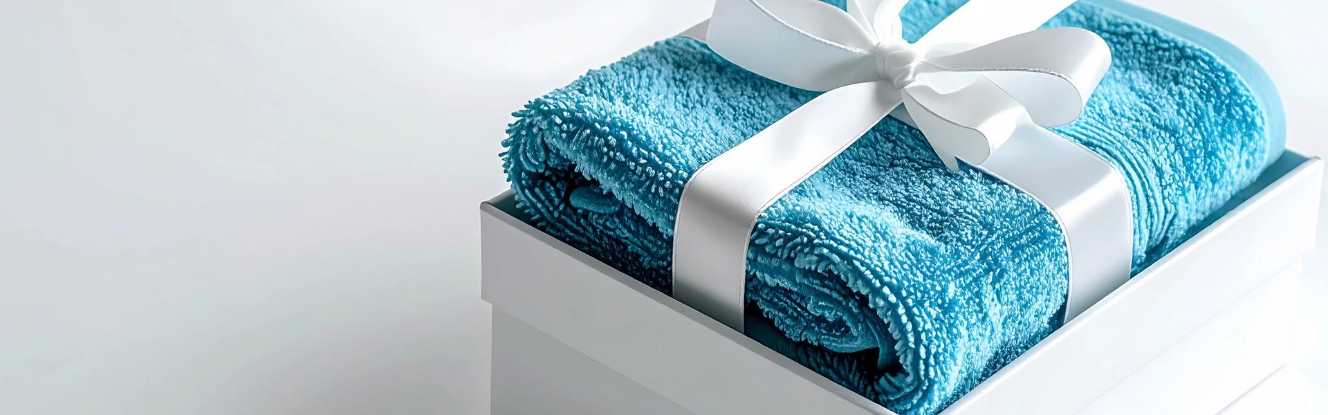 白いリボンでラッピングされた、ホワイトデーの青いタオルギフト