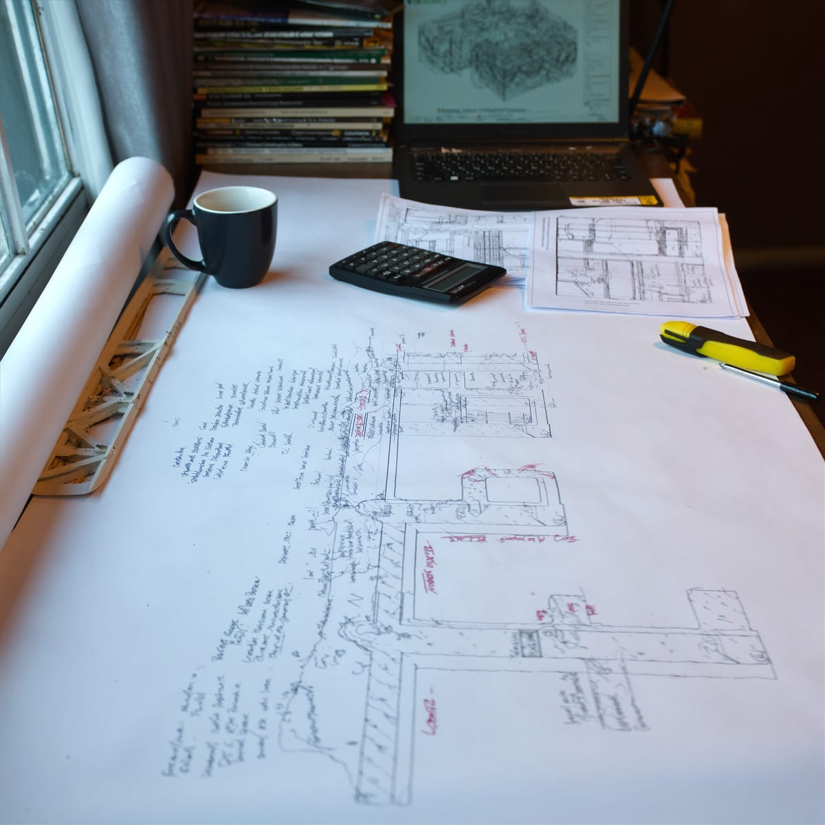 An electrical single-line schematic unrolled on a desk, annotated in pencil and red pen