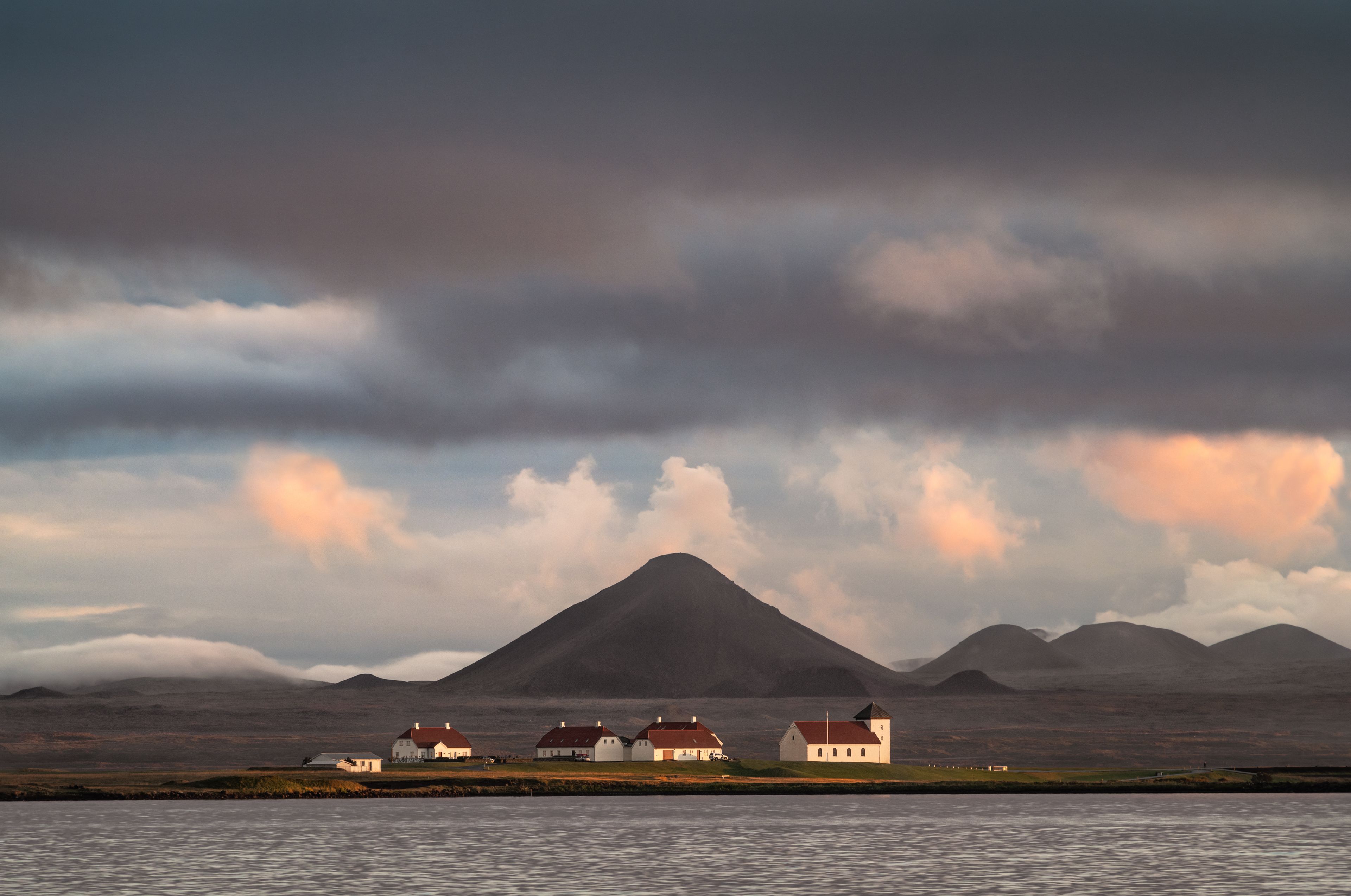 Small village with Mount Keilir in the background, Iceland