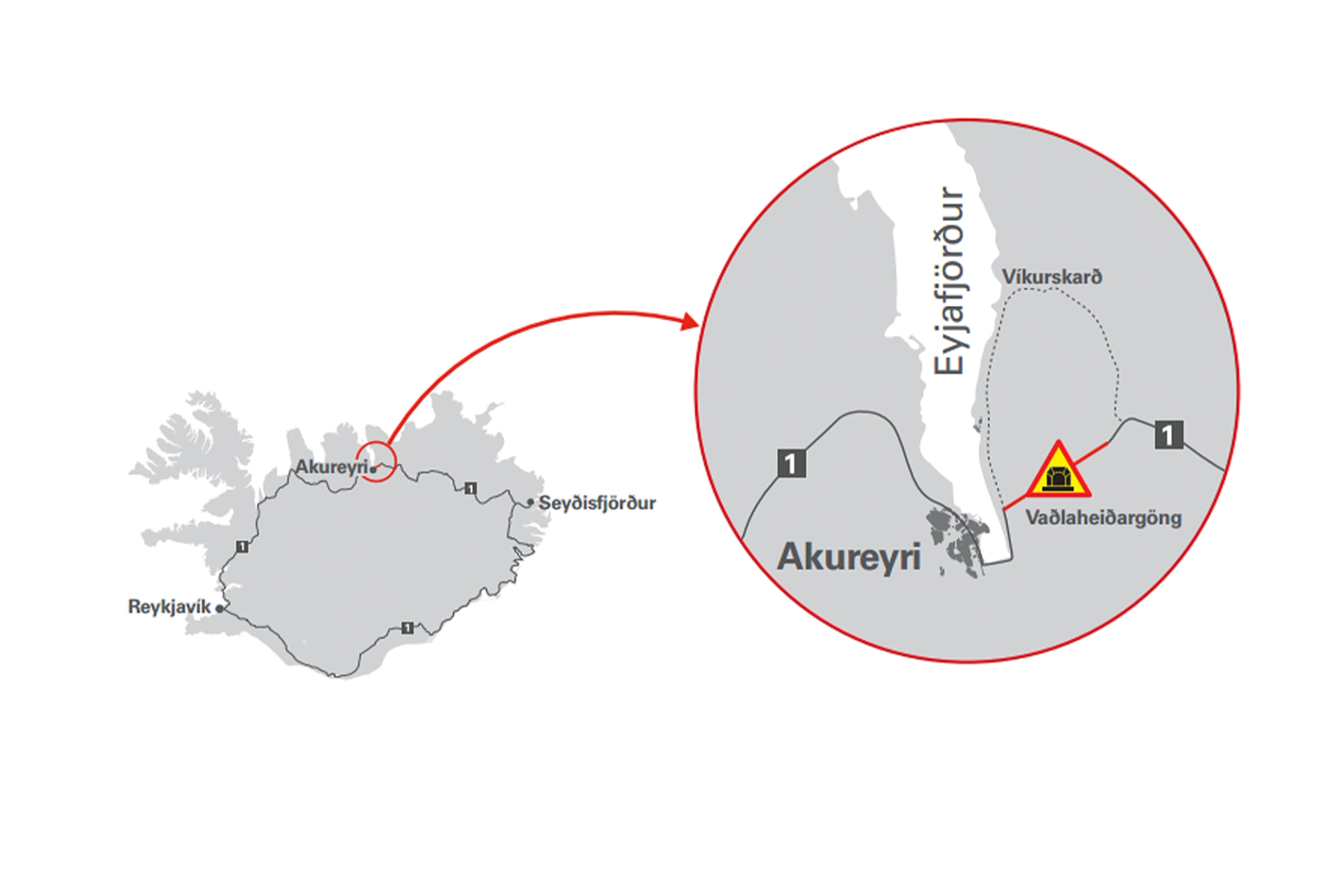 Map of Iceland showing where the Tunnel fee is in the north of akureyri