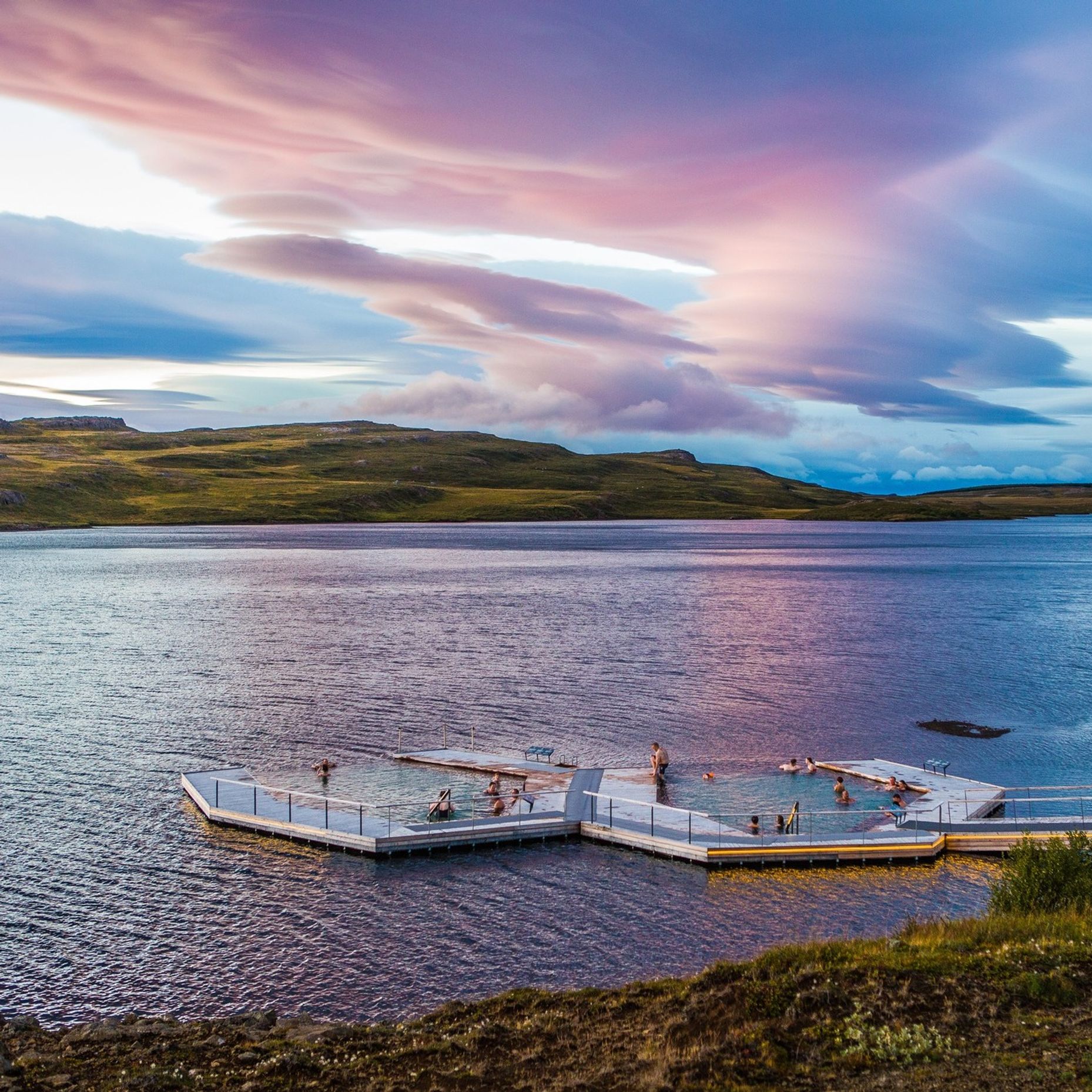 Vök Baths during a cloudy but beautiful evening