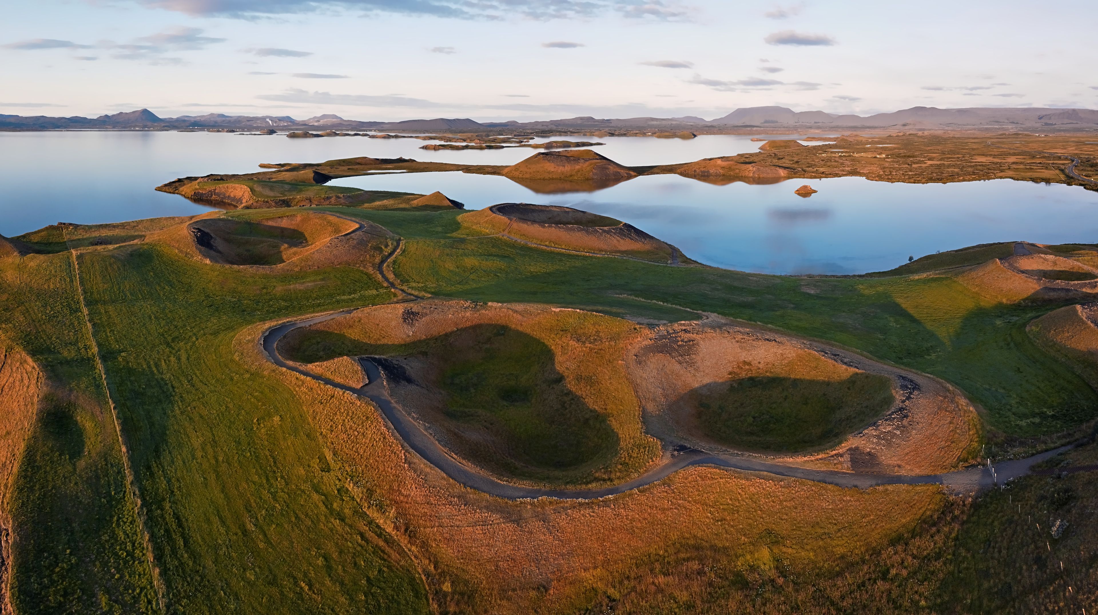 panoramic pic of pseudo craters during sunset at lake myvatn