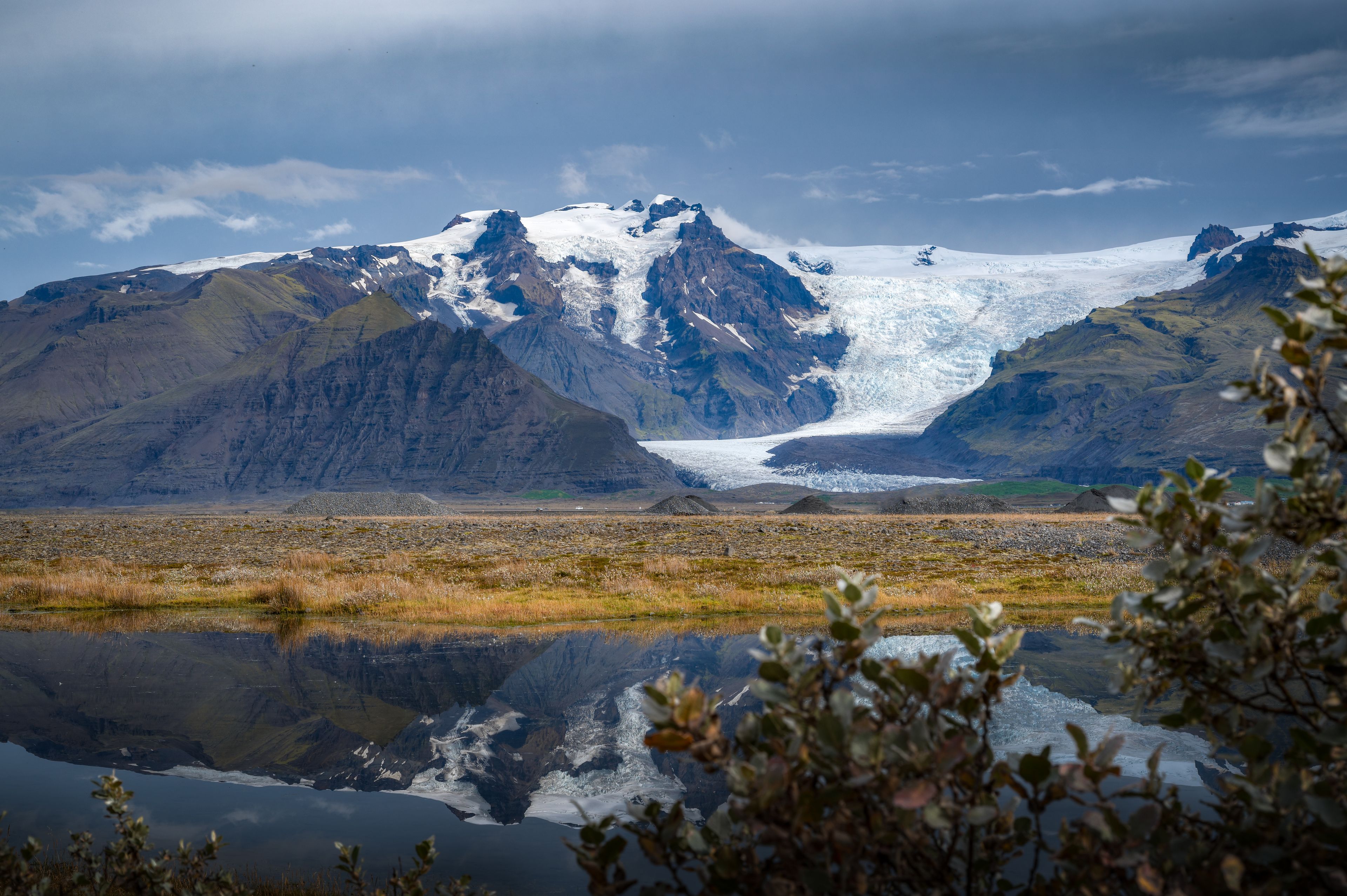 Vatnajokull Icelandic's volcanic landscape and its glaciers in the distance.