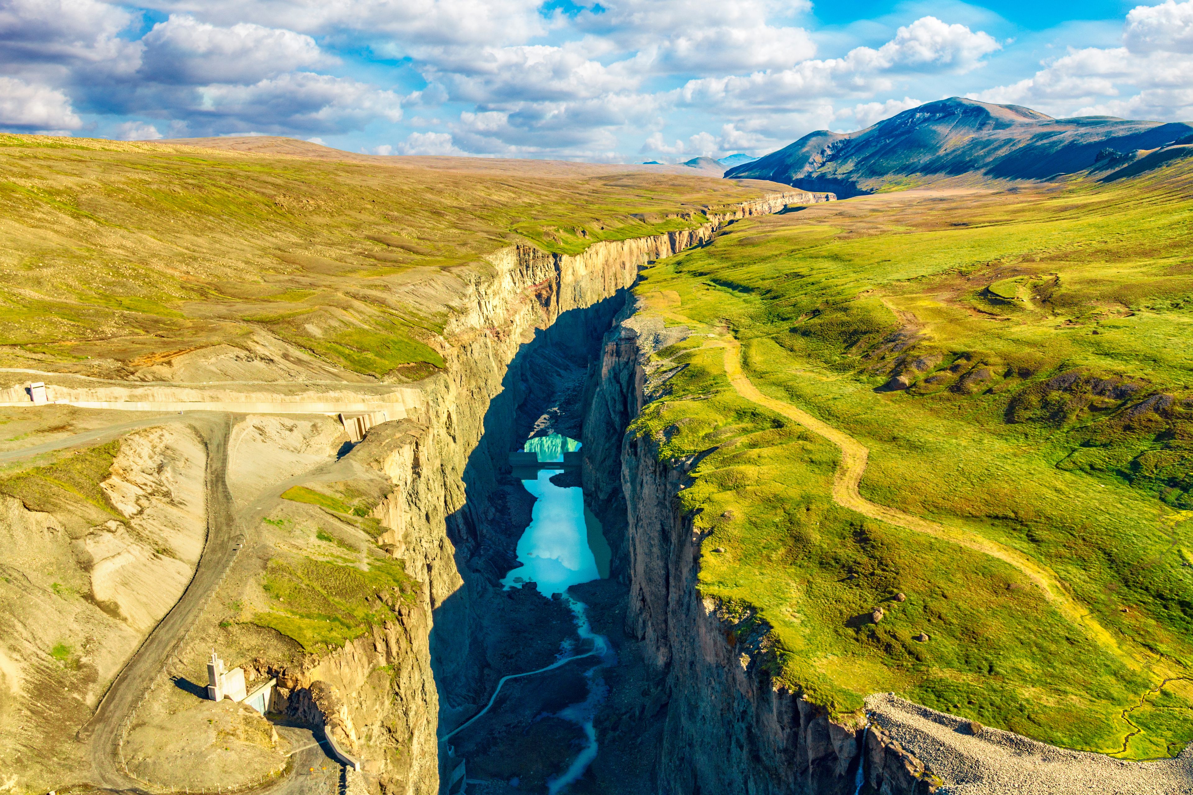 Areal view of Hafrahvammagljufur canyon in Iceland on a sunny day